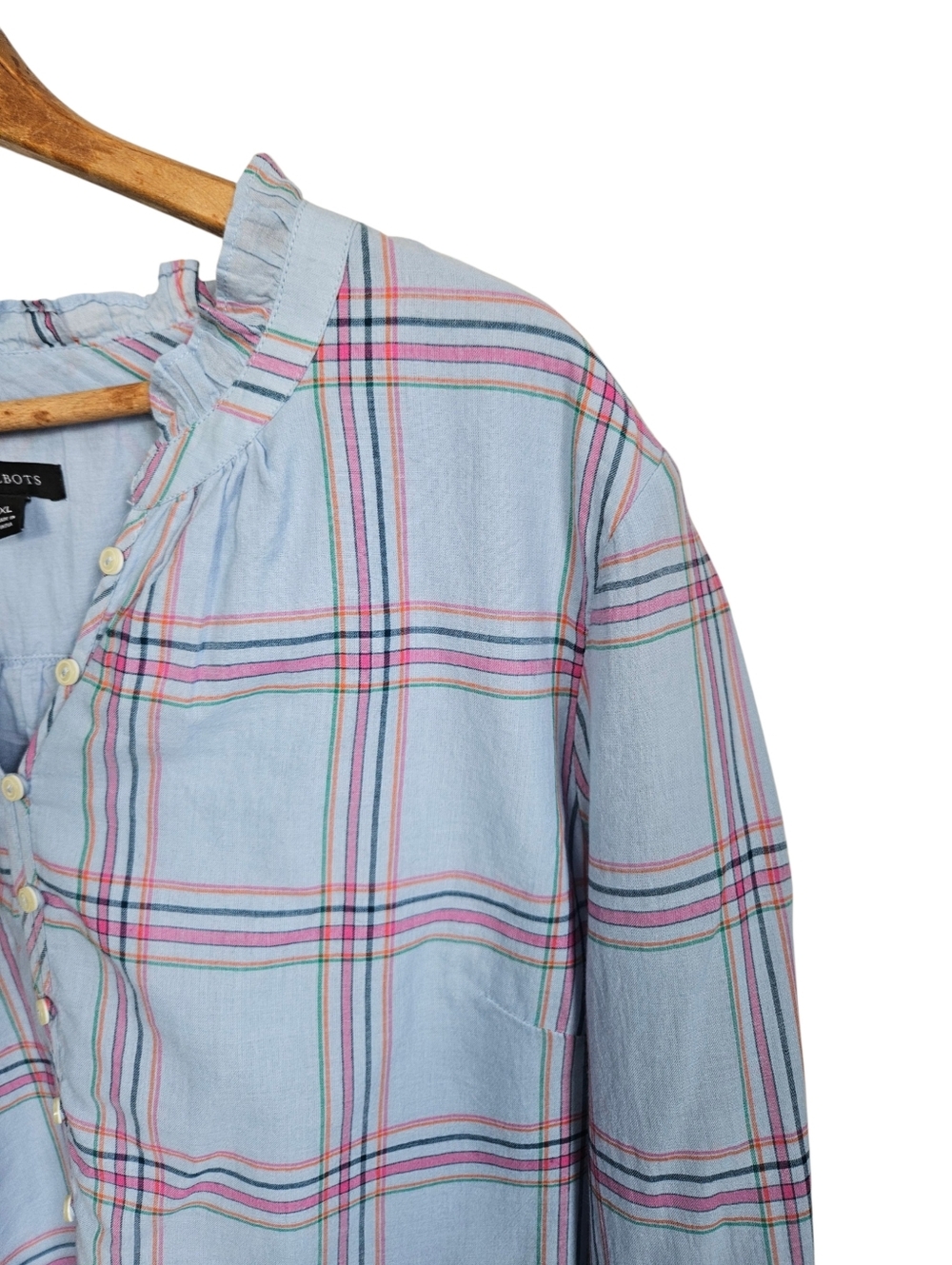 Talbots Light Blue Plaid Cotton Blouse, Size XL - Picture 3 of 6